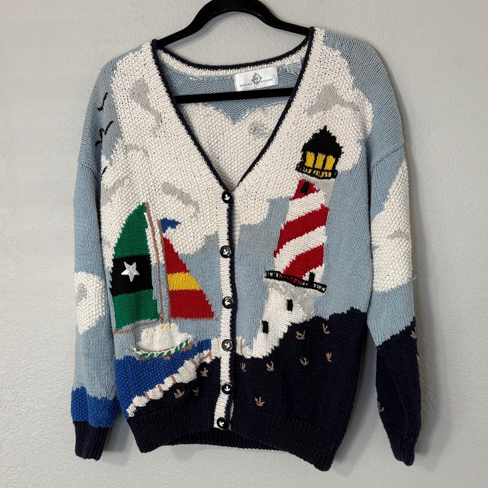 Design Options Lighthouse Sailboat Ocean Cardigan Sweater L